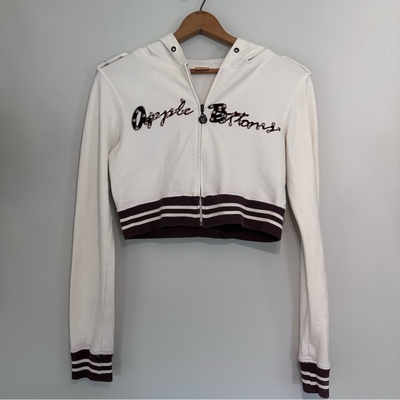 Y2K Apple Bottoms Cropped Zip Up Hoodie White & Brown Size XL - Picture 1 of 8